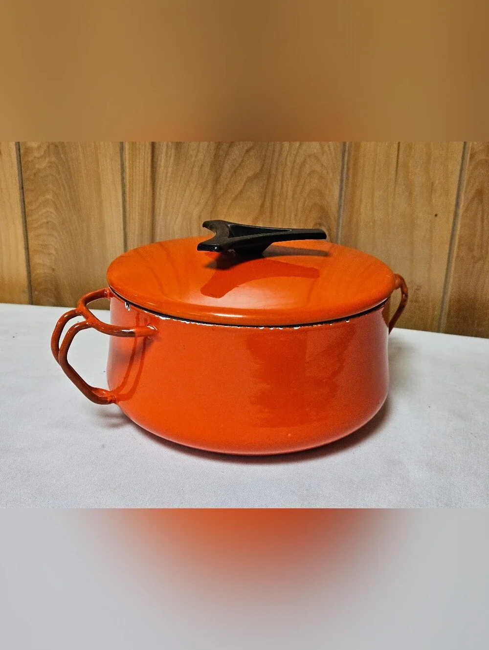Vtg Milanoware Mid Century Modern 2 Qt Enamel Pot & Lid Made In Italy Orange Wht